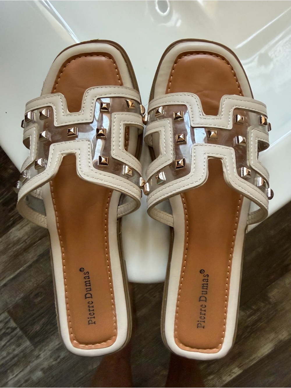 Pierre Dumas Cream and Tan Studded Slide Sandals